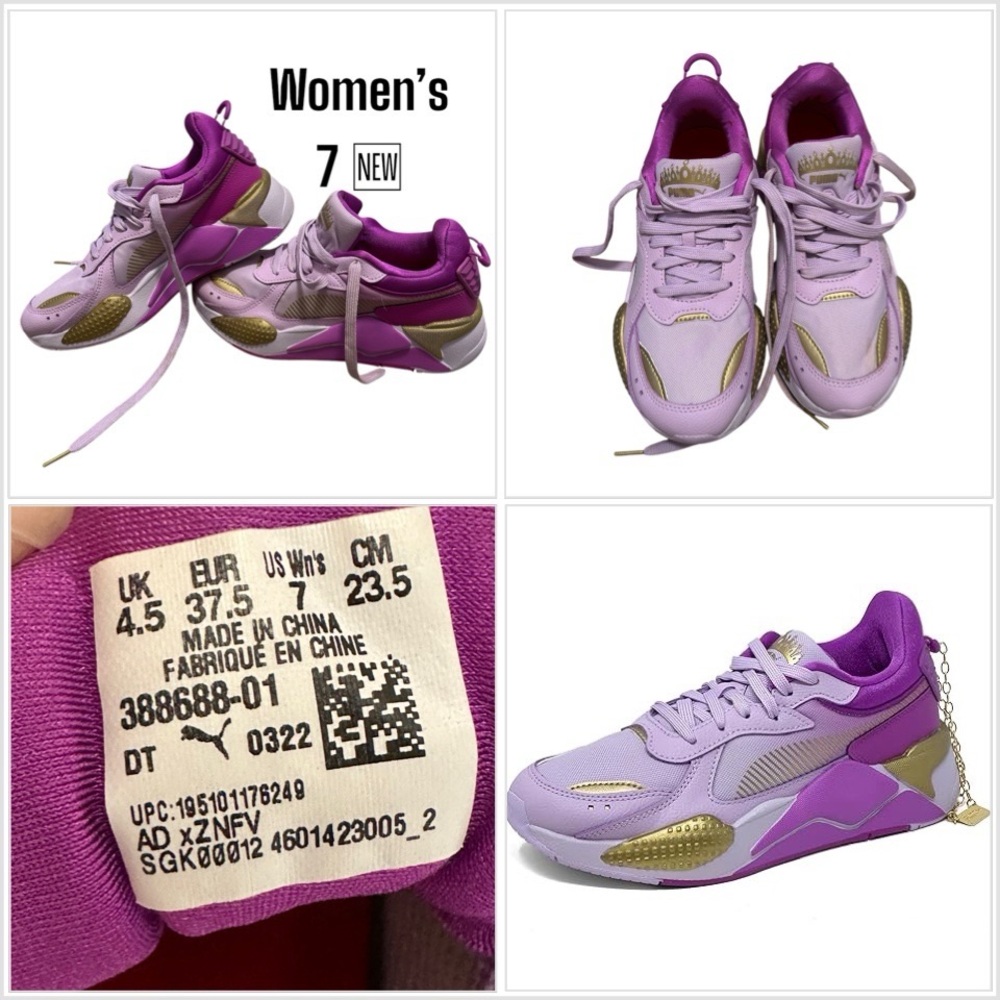 Women's Puma RS-X 7 Shoes Laces Memory Foam Purple Gold Running Retro Look New